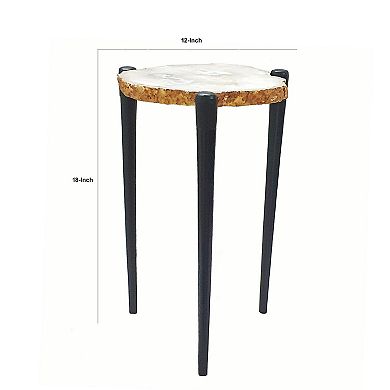 18 Inch Side Table, Agate Stone Top, Aluminum Tri Legs, Modern, White