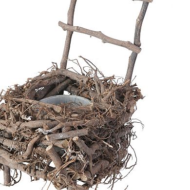 Nature Inspired Wooden Nest Planter With Clay Pot, Gray And Brown
