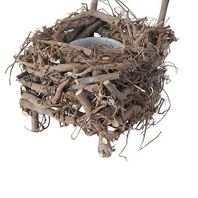 Nature Inspired Wooden Nest Planter With Clay Pot, Gray And Brown