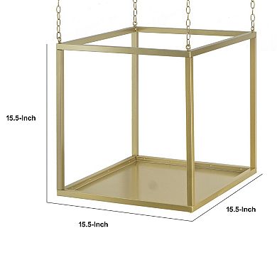 16 Inch Modern Iron Plant Stand, 4 Chains, Open Cube Design, Gold Finish