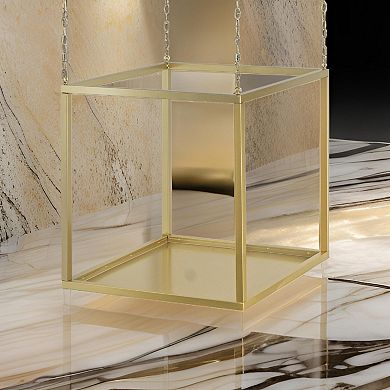 16 Inch Modern Iron Plant Stand, 4 Chains, Open Cube Design, Gold Finish