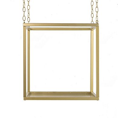 16 Inch Modern Iron Plant Stand, 4 Chains, Open Cube Design, Gold Finish
