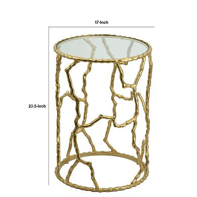 24 Inch Round Accent Table, Intricate Metal Twig Inspired Open Frame, Gold