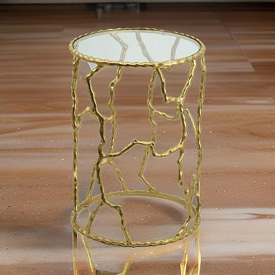 24 Inch Round Accent Table, Intricate Metal Twig Inspired Open Frame, Gold