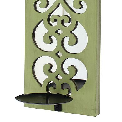 Quatrefoil Pattern Wooden Candle holder Set of 2 with Mirror Insert, Green