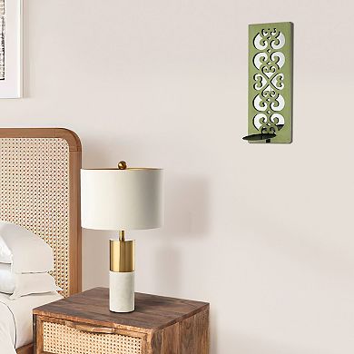 Quatrefoil Pattern Wooden Candle holder Set of 2 with Mirror Insert, Green