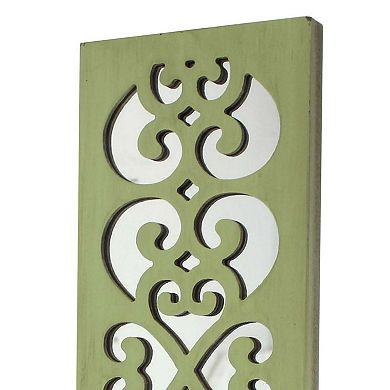 Quatrefoil Pattern Wooden Candle holder Set of 2 with Mirror Insert, Green
