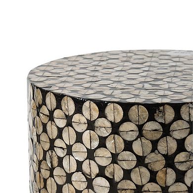 20 Inch Stool Table, Round Wood Design, Modern, Capiz Inlay, Black, White