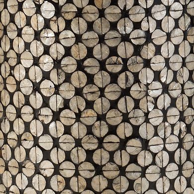 20 Inch Stool Table, Round Wood Design, Modern, Capiz Inlay, Black, White