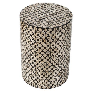 20 Inch Stool Table, Round Wood Design, Modern, Capiz Inlay, Black, White