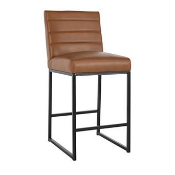 Vinn 26 Inch Modern Counter Stool, Channel Tufted, Brown Vegan Faux Leather