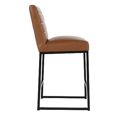 Vinn 26 Inch Modern Counter Stool, Channel Tufted, Brown Vegan Faux Leather