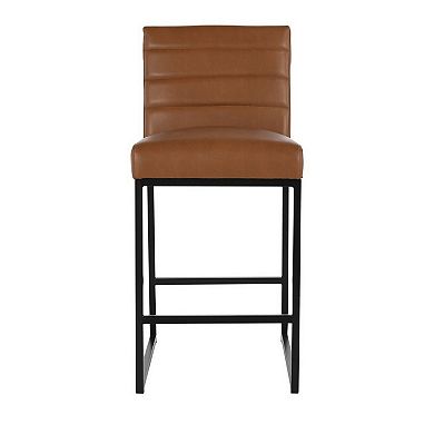 Vinn 26 Inch Modern Counter Stool, Channel Tufted, Brown Vegan Faux Leather
