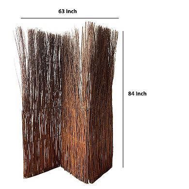 3 Panel Vertically Aligned Willow Branches Room Divider, Brown
