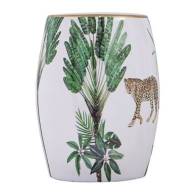 18 Inch Ceramic Accent Table, Drum Shape, Tropical Print, White, Green