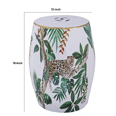 18 Inch Ceramic Accent Table, Drum Shape, Tropical Print, White, Green