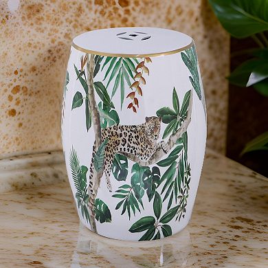 18 Inch Ceramic Accent Table, Drum Shape, Tropical Print, White, Green