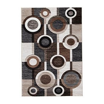 Machine Woven Fabric Rug With Circular Pattern, Large, Brown And Cream