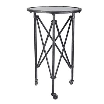 27 Inch Side Table, Round Metal Body, Glass Tabletop, 3 Wheels, Silver