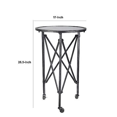 27 Inch Side Table, Round Metal Body, Glass Tabletop, 3 Wheels, Silver