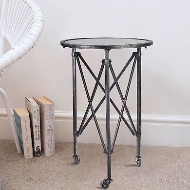 27 Inch Side Table, Round Metal Body, Glass Tabletop, 3 Wheels, Silver