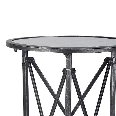 27 Inch Side Table, Round Metal Body, Glass Tabletop, 3 Wheels, Silver