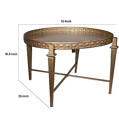 32 Inch Metal Cocktail Table, Circular Pattern Edged Round Top, Copper