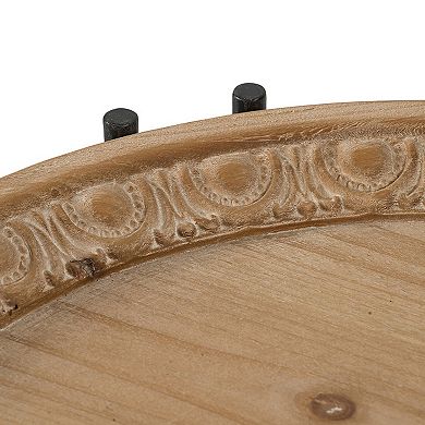 24 Inch Side Table, Modern, Round Tabletop, Carved Wood, Iron Frame, Brown