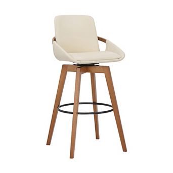 30 Inch Leatherette Swivel Barstool, Cream And Walnut