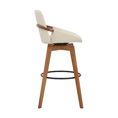 30 Inch Leatherette Swivel Barstool, Cream And Walnut