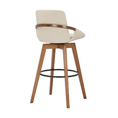 30 Inch Leatherette Swivel Barstool, Cream And Walnut