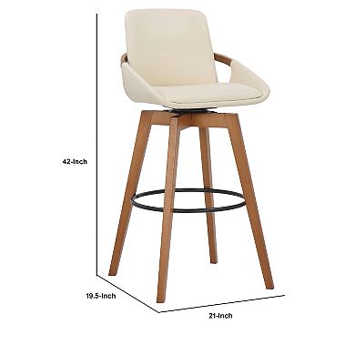 30 Inch Leatherette Swivel Barstool, Cream And Walnut