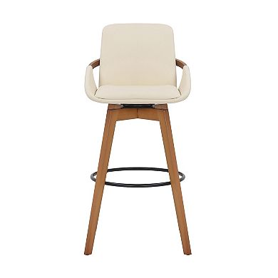30 Inch Leatherette Swivel Barstool, Cream And Walnut