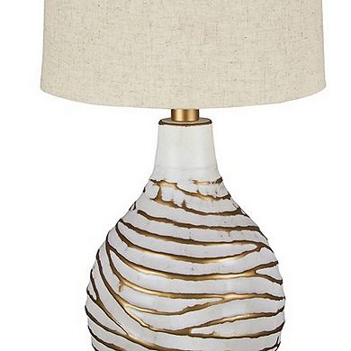 Pot Bellied Metal Table Lamp With Textured Golden Embellishment, White