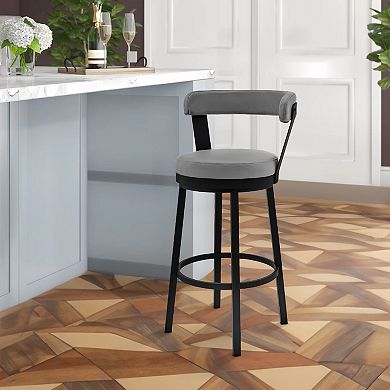 Swivel Counter Barstool With Curved Open Back And Metal Legs, Light Gray