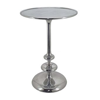 23 Inch Modern Aluminum Side Table, Round Tabletop And Base, Carved, Silver
