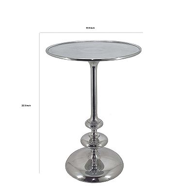 23 Inch Modern Aluminum Side Table, Round Tabletop And Base, Carved, Silver