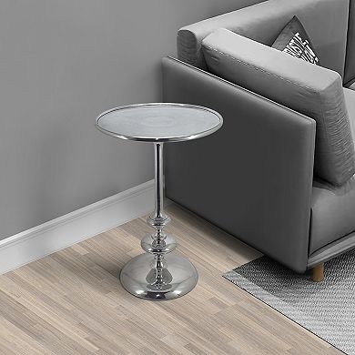 23 Inch Modern Aluminum Side Table, Round Tabletop And Base, Carved, Silver