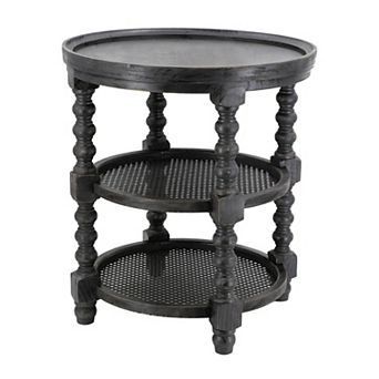 Jake 25 Inch 3 tier Side Table, Fir Wood, 2 Woven Wicker Shelves, Black