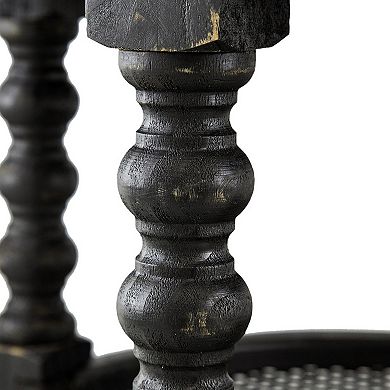 Jake 25 Inch 3 Tier Side Table, Fir Wood, 2 Woven Wicker Shelves, Black