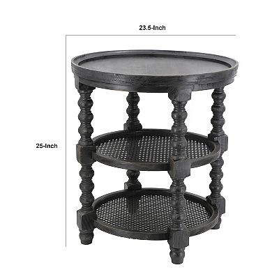 Jake 25 Inch 3 Tier Side Table, Fir Wood, 2 Woven Wicker Shelves, Black