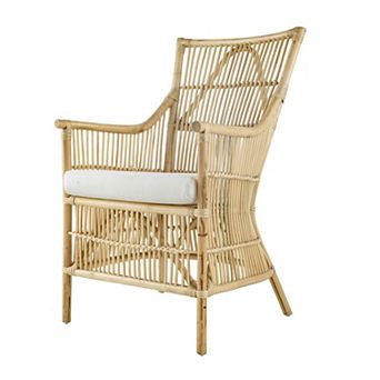 23 Inch Rattan Dining Armchair, White Fabric Padded Seat, Natural Brown