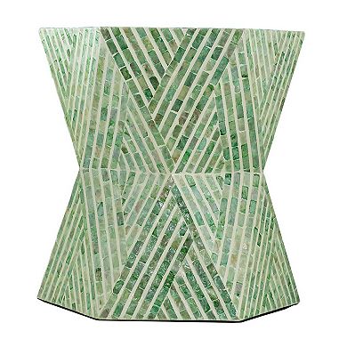 20 Inch Stool Table, Capiz Shell Inlay, Hexagonal Geometric Design, Green