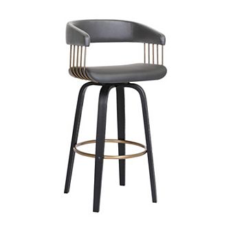 Maya 26 Inch Swivel Counter Chair, Gray Faux Leather, Bronze, Black Wood