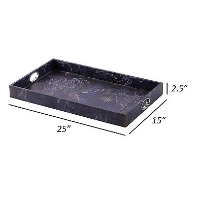 25 Inch Set Of 2 Rectangular Decorative Trays, Gold Map Design, Deep Blue