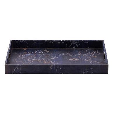 25 Inch Set Of 2 Rectangular Decorative Trays, Gold Map Design, Deep Blue