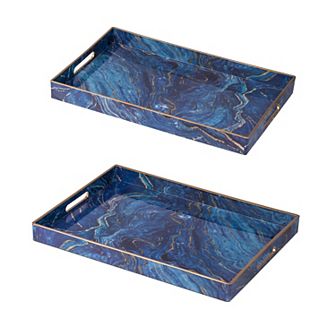 19, 18 Inch Set Of 2 Modern Decorative Trays, Blue Pattern With Gold Rim