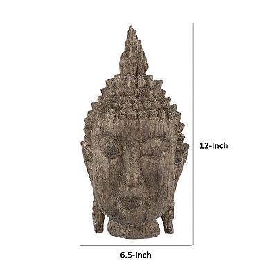 12 Inch Buddha Head Sculpture, Calming Accent Decoration, Polyresin, Brown