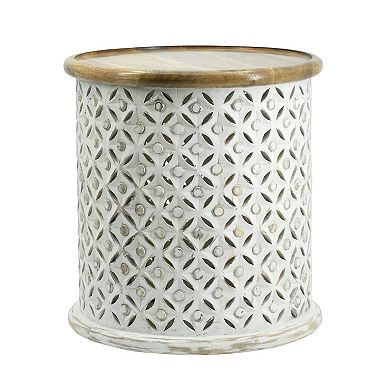 18, 16 Inch Accent Tables, Round, Mango Wood, Floral Cut Out, Brown, White