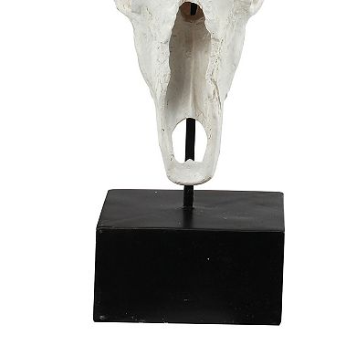 26 Inch Resin Cow Skull Accent Table Decoration, Metal Block Base, White